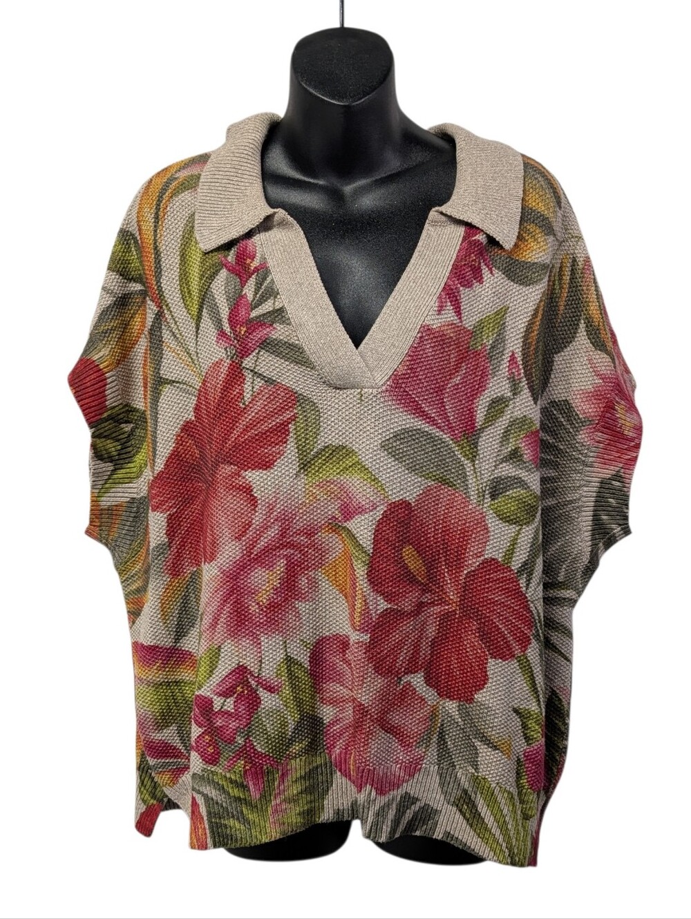Tommy Bahama Womens Beige Tropical Floral Knit Collared V-Neck Sweater Size XL